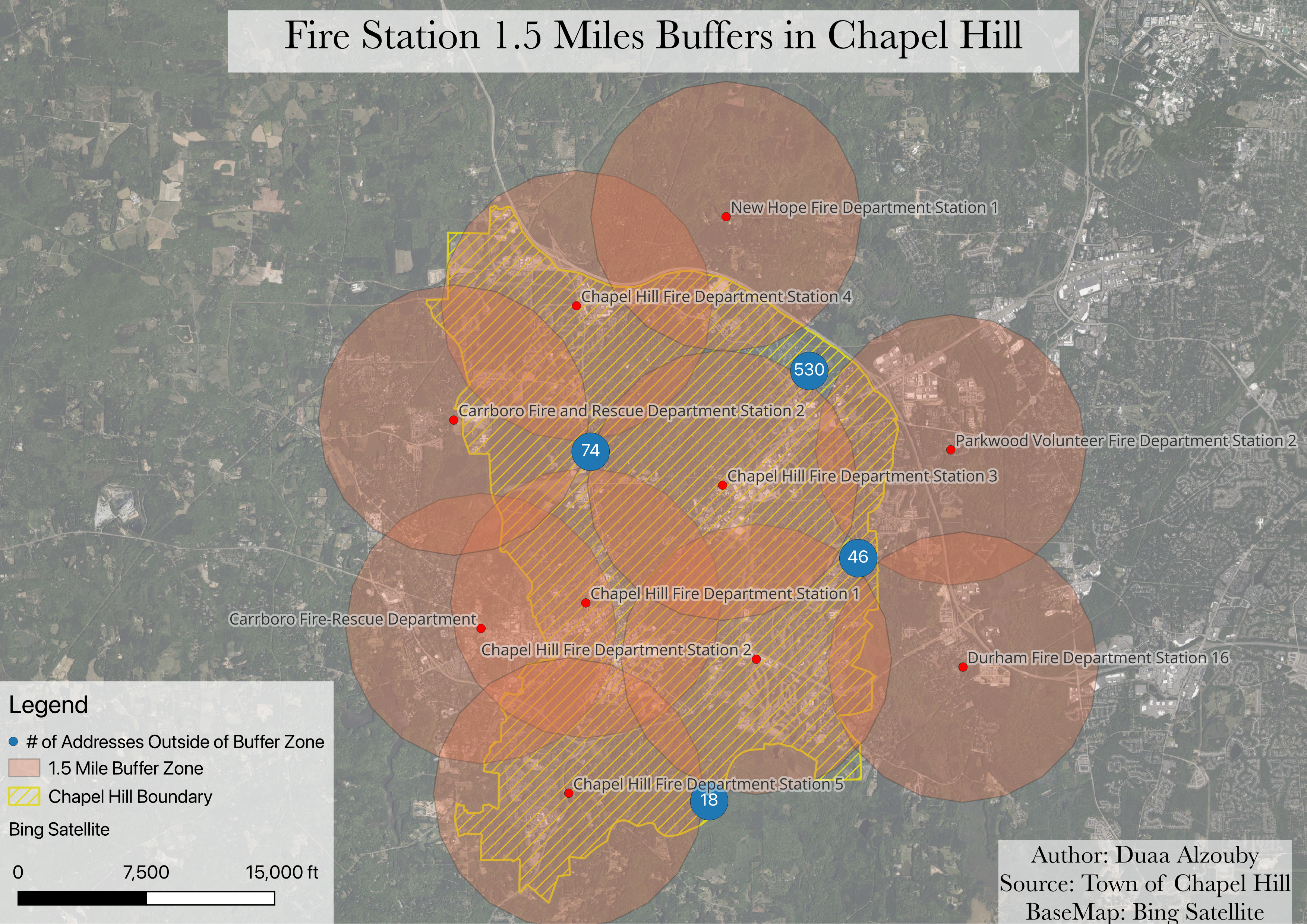 Map of fire station 1.5 mile buffer zones in Chapel Hill with address counts outside coverage